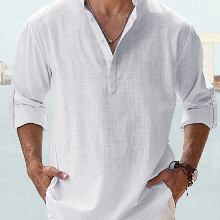 Casual Men'S Loose Men'S Fashionable Collar Sports Solid Color Long Sleeve Cotton Top Large Size Shirt - Image 2