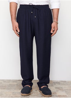 Navy Blue Men's Tapered Elastic Waisted Linen Look Trousers
