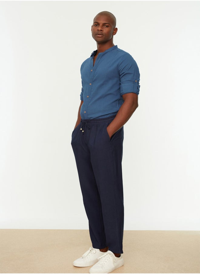 trendyol - Navy Blue Men's Tapered Elastic Waisted Linen Look Trousers - Image 1