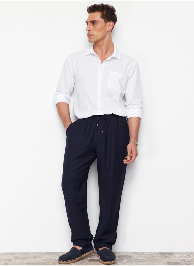 trendyol - Navy Blue Men's Tapered Elastic Waisted Linen Look Trousers - Image 1