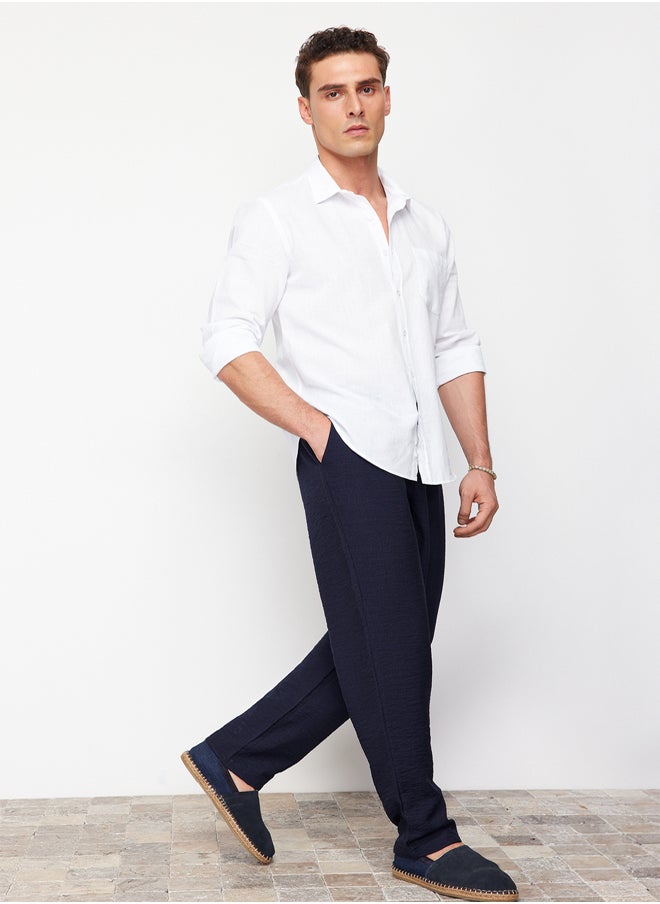 trendyol - Navy Blue Men's Tapered Elastic Waisted Linen Look Trousers - Image 1