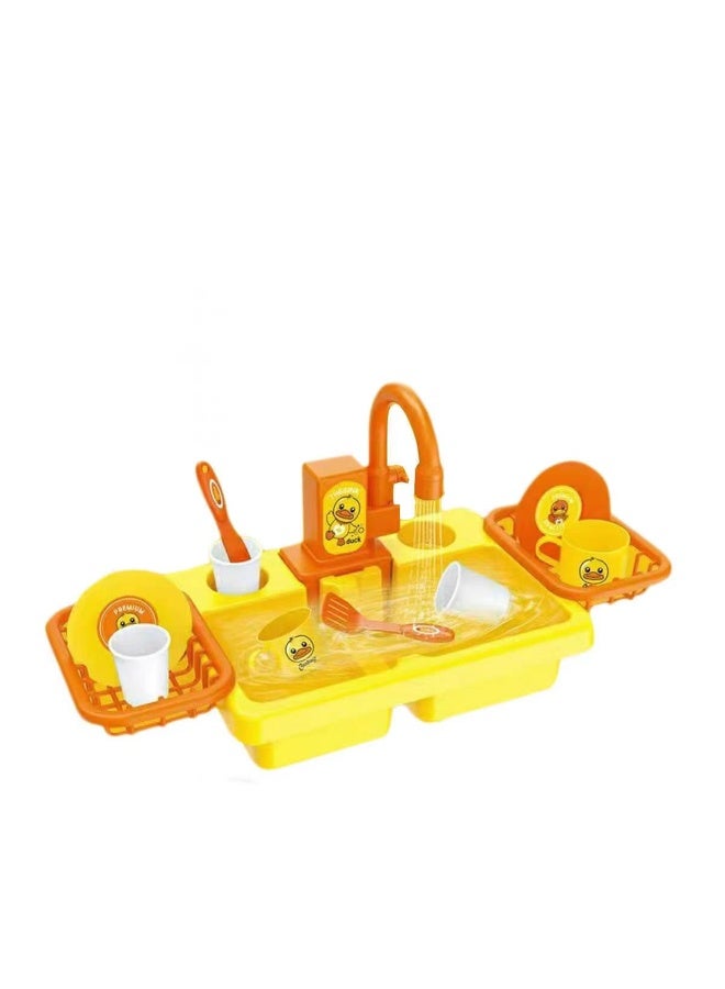 Electric Duck Kitchen Sink Toy for Kids - 19 PCS Pretend Play Set with Running Water, Rotatable Faucet, Utensils, Cups & Plates - Educational Role Play for Toddlers - Image 4