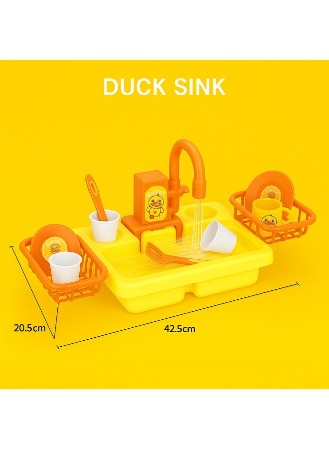 Electric Duck Kitchen Sink Toy for Kids - 19 PCS Pretend Play Set with Running Water, Rotatable Faucet, Utensils, Cups & Plates - Educational Role Play for Toddlers - Image 2