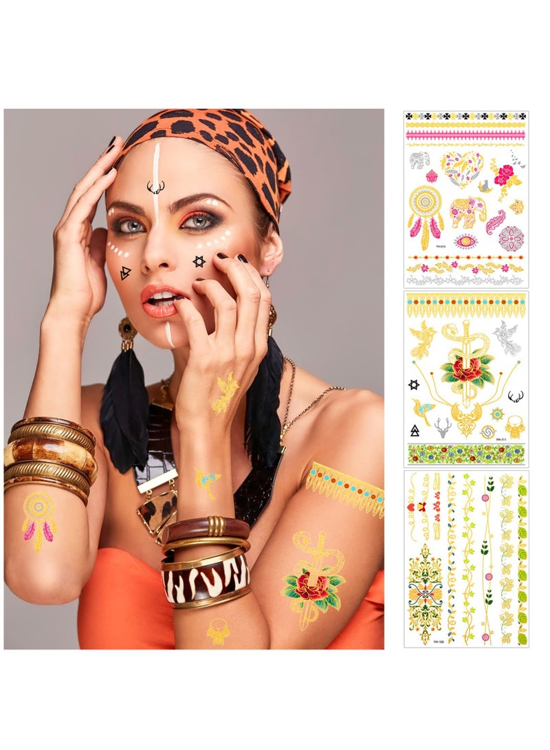 Metallic Temporary Tattoos for Women and Girls, 12 Sheets of Gold and Silver Glitter Designs, Stylish Fake Tattoos for Festivals, Parties, and Everyday Wear. - Image 2
