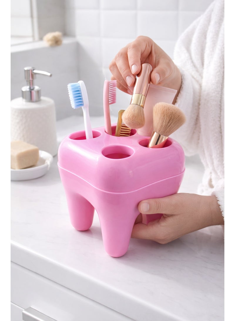 حامل ومنظم لفرش ومعجون الأسنان وأدوات المكياج بلاستيك بتصميم مبتكر على شكل ضرس بـ 5 فتحات - وردي (بينك) - Image 3