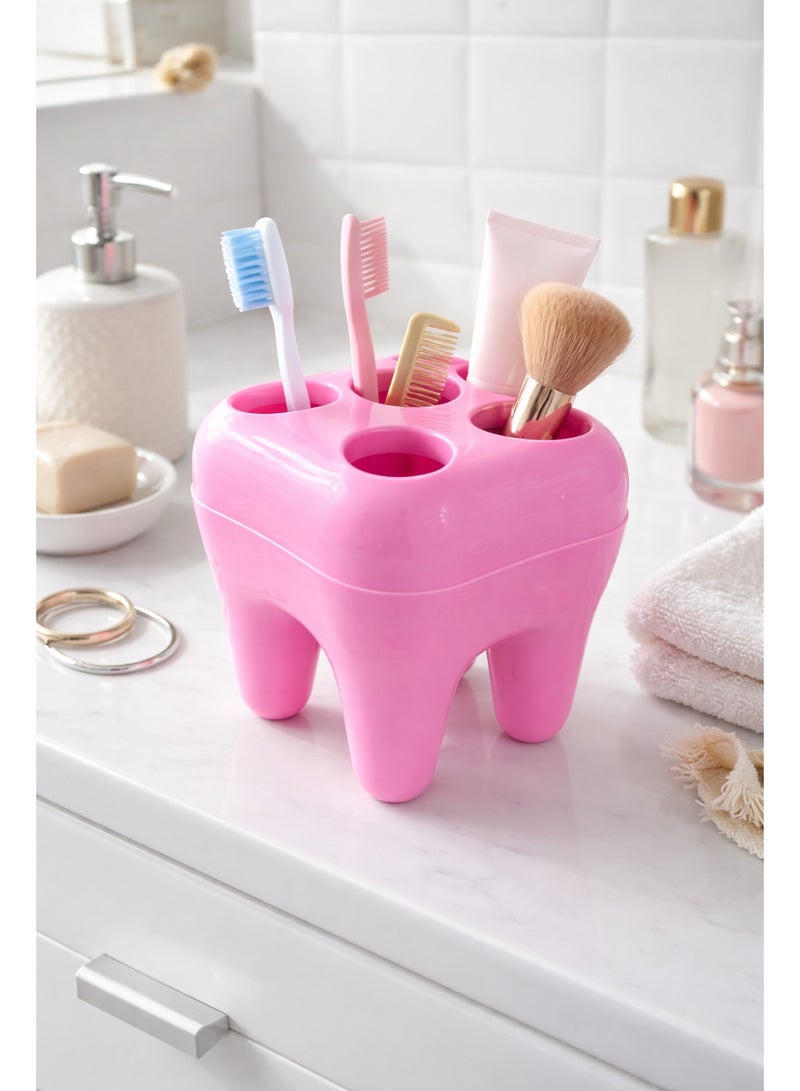 حامل ومنظم لفرش ومعجون الأسنان وأدوات المكياج بلاستيك بتصميم مبتكر على شكل ضرس بـ 5 فتحات - وردي (بينك) - Image 2