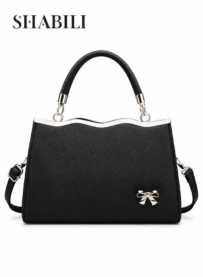 Women PU Shoulder Crossbody Satchel Tote Handbag,Ladies Bag Large Capacity Multi-Pocket Wave Metal Frame Bow Charm, Youth Cross Bags Holds Tablet Phone, For Daily Casual Travel Party (Black)
