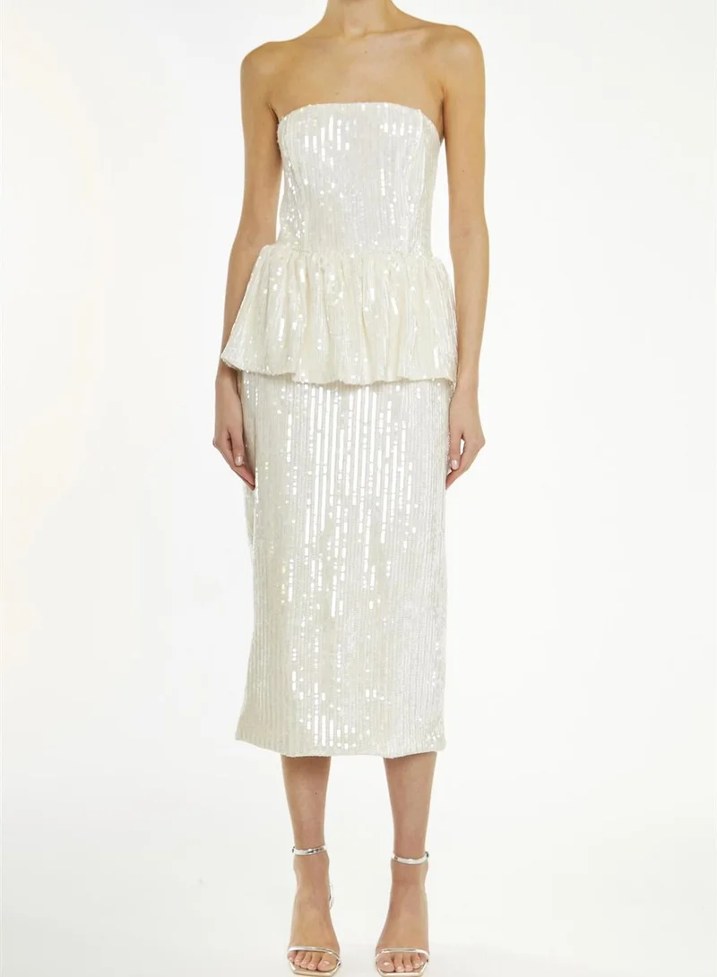 True Decadence Alyssa Clear-Nude Sequin Bandeau Peplum Midi-Dress