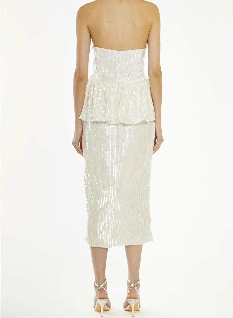 True Decadence Alyssa Clear-Nude Sequin Bandeau Peplum Midi-Dress