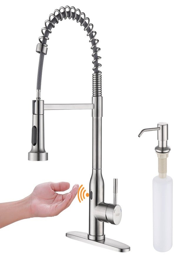 KEER Touchless Kitchen Faucet, Smart Motion Sensor Hands Free Single Handle Spring Kitchen Sink Faucet with Pull Down Sprayer,Brushed Nickel - Image 1