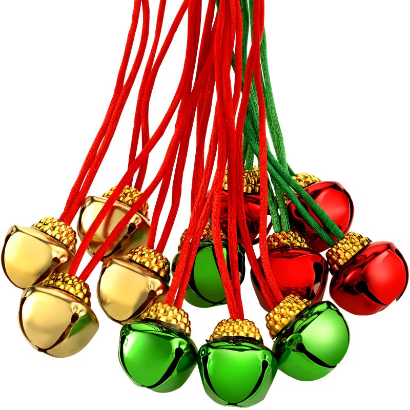 Gejoy 36 Pieces Christmas Jingle Bell Necklaces Bulk Gold Red Green Christmas Holiday Necklaces Decorations with Ribbons for Holiday Xmas Party Favors Accessories Stocking Stuffers - Image 2