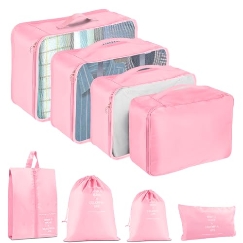 YEEYAA Packing Cubes for Travel 8 Set Luggage Organizer Bags for Family Mesh Breathable Travel Packing Cubes for Suitcases Durable Travel Essentials Bags Set Pink 8 Set - Image 1