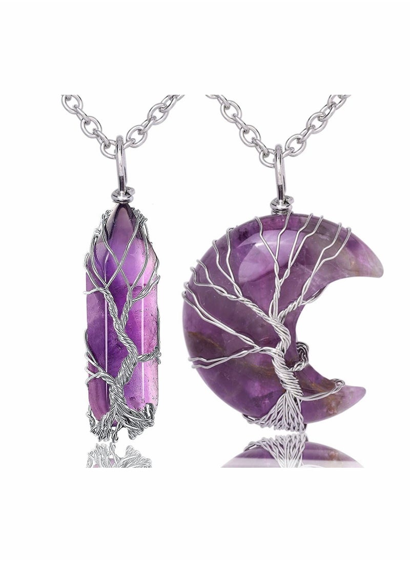 Captaintech Amethyst Healing Crystal Stone Necklace Silver Wire Wrapped Crescent Moon Pendant Crystal Necklaces for Women Amethyst Jewellery Natural Quartz Crystal Reiki Gemstone Necklace Valentines Gift  - Image 1