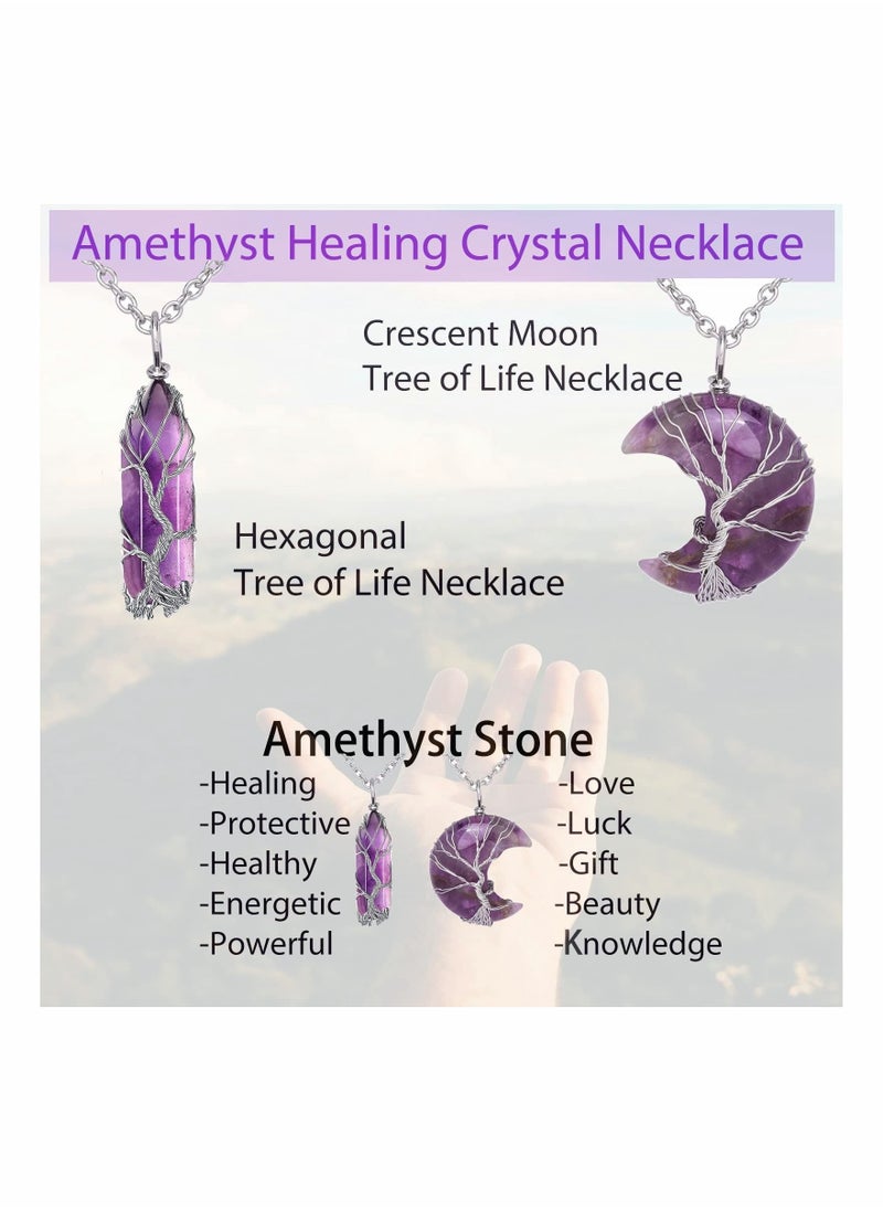 Captaintech Amethyst Healing Crystal Stone Necklace Silver Wire Wrapped Crescent Moon Pendant Crystal Necklaces for Women Amethyst Jewellery Natural Quartz Crystal Reiki Gemstone Necklace Valentines Gift  - Image 2