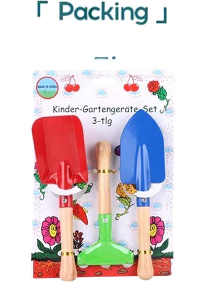 بروماس مجموعة أدوات حديقة للأطفال مكونة من 3 قطع - مجارف ومجرفة معدنية ملونة بمقابض خشبية