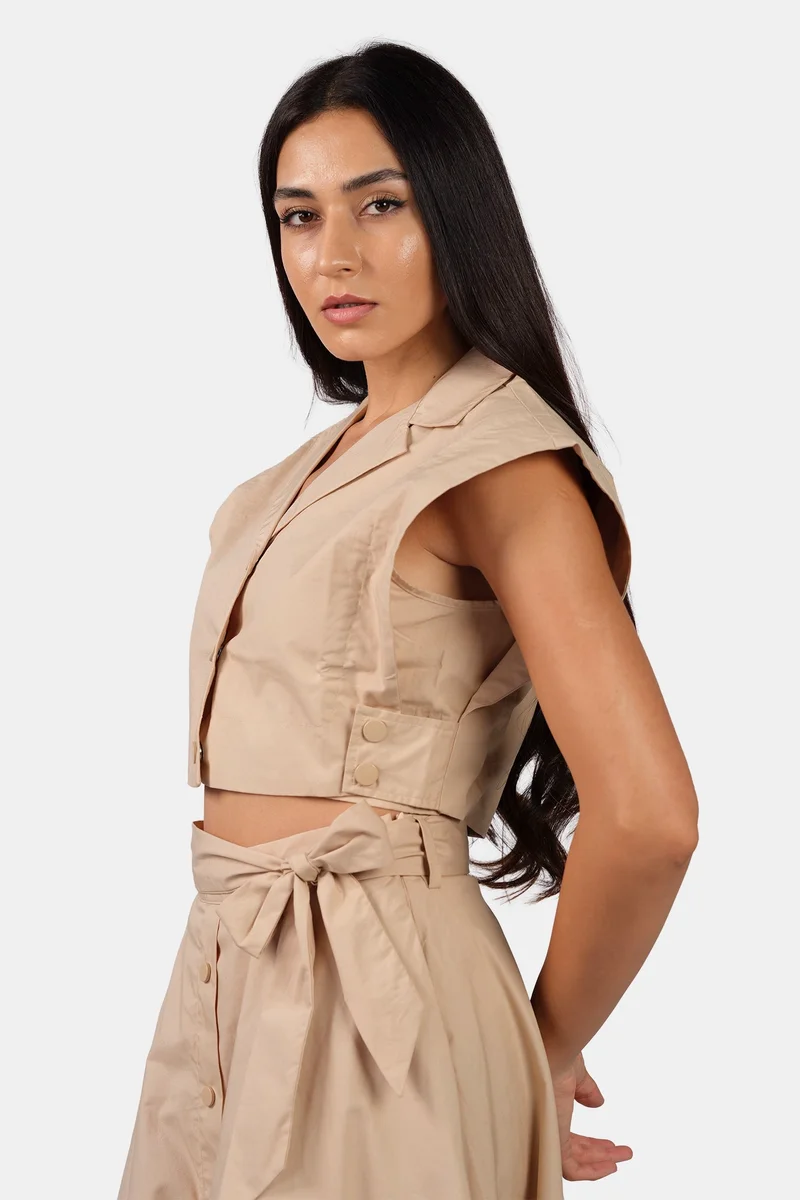 فيرجيو Solid Cotton Popper Detail Cropped Vest for Women