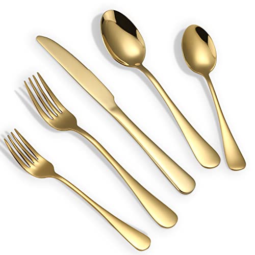 Briout Gold Silverware Set, 20 Piece Golden Cutlery Set Service for 4, Stainless Steel Flatware Set Include Spoons Forks Knives Tableware Utensil Set for Kitchen Home Restaurant, Shiny Gold Polished - Image 1