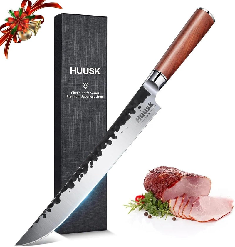Huusk Knives Japanese Brisket Slicing Knife, 10" Premium High-Carbon Butcher Breaking Knife Hand Forged Long Meat Trimming Carving Knives for Turkey Slicing Meat Rib Roast BBQ, Christmas Gifts for Men - Image 1