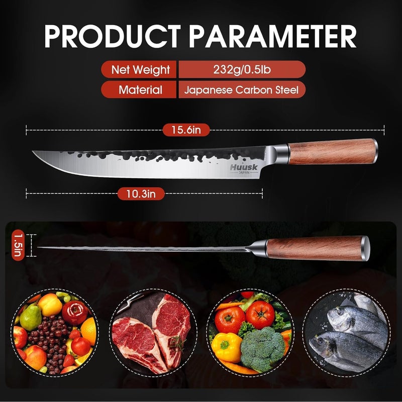Huusk Knives Japanese Brisket Slicing Knife, 10" Premium High-Carbon Butcher Breaking Knife Hand Forged Long Meat Trimming Carving Knives for Turkey Slicing Meat Rib Roast BBQ, Christmas Gifts for Men - Image 3