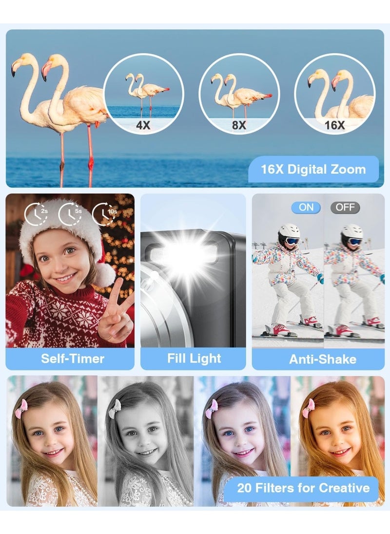 Generic Digital Camera, FHD 1080P Kids Camera 44MP Point and Shoot Digital Cameras with 32GB SD Card, 16X Zoom, One Batteries, Lanyard, Compact Small Camera for Kids Boys Girls  - Image 3