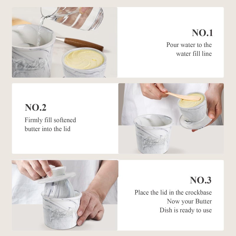 MSJGA Butter Crock for Counter with Water, French Butter Keeper for Spreadable Butter Marble Ceramic Butter Dish with Lid for Countertop, Butter Container Holder - Image 5