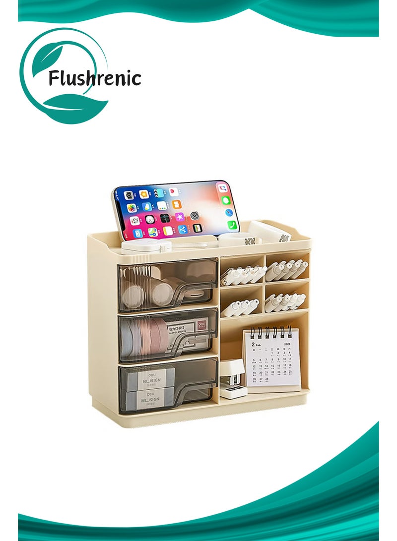Flushrenic Desk Organizer,Tabletop Makeup Organizer,Art Supply Organizer,Desktop Stationary Organizer Caddy,with Pen Holder,3 Drawers,for School, Home, Office Supplies,Bathroom, Dresser (Cream yellow) - Image 1
