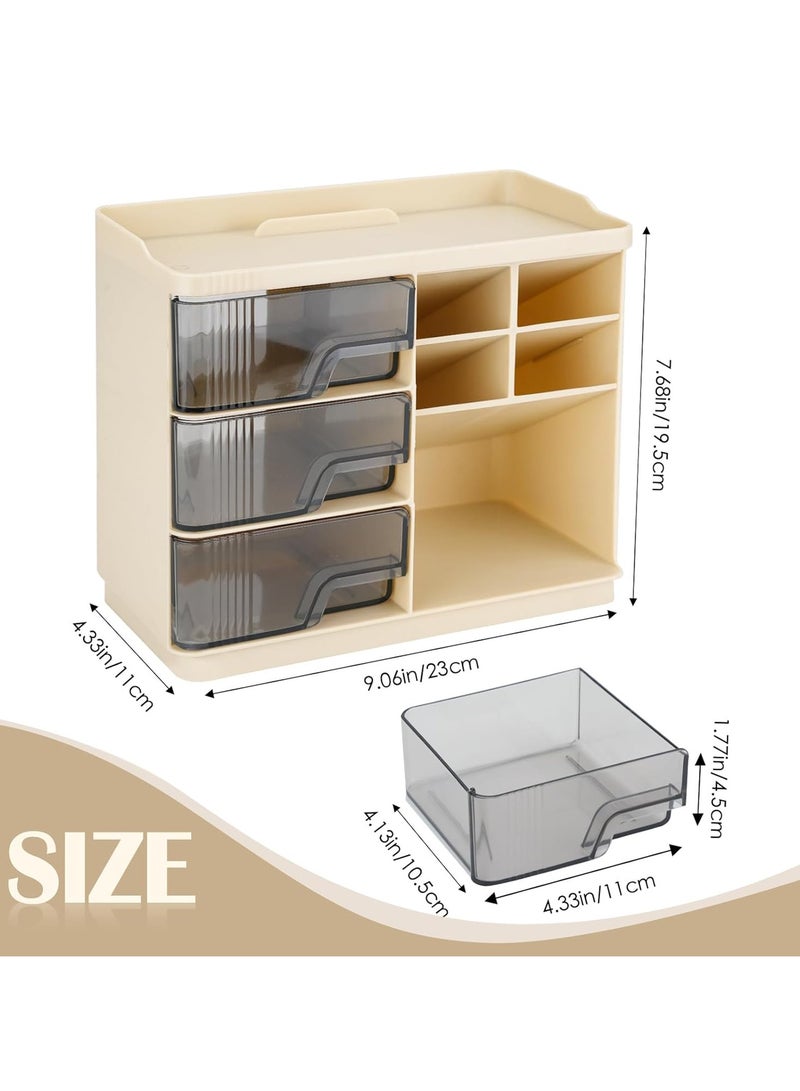 Flushrenic Desk Organizer,Tabletop Makeup Organizer,Art Supply Organizer,Desktop Stationary Organizer Caddy,with Pen Holder,3 Drawers,for School, Home, Office Supplies,Bathroom, Dresser (Cream yellow) - Image 2
