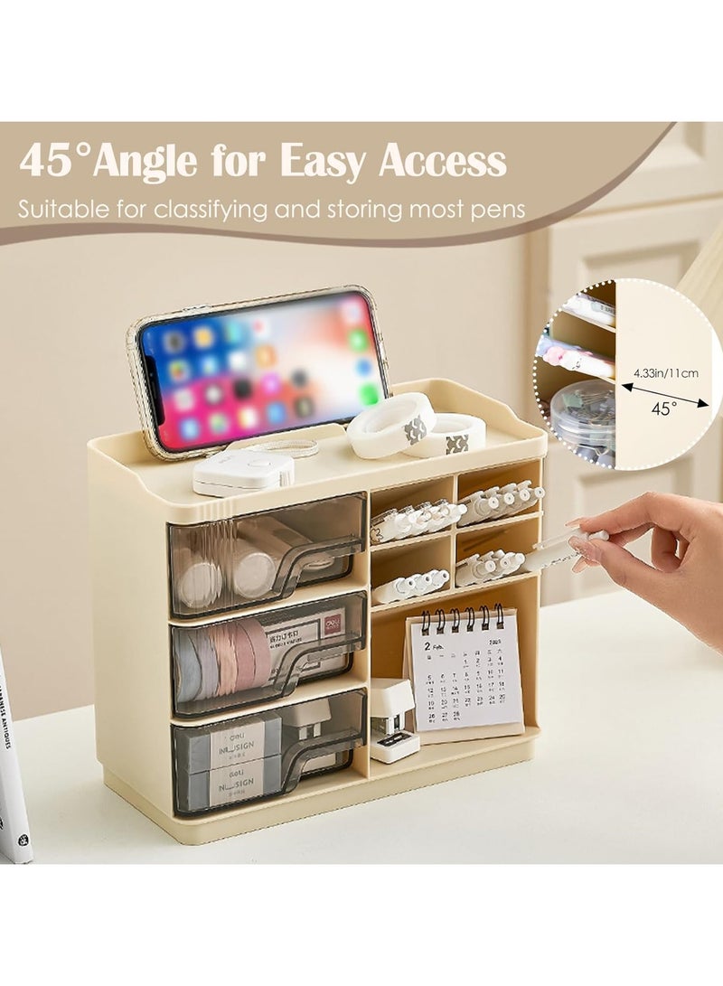 Flushrenic Desk Organizer,Tabletop Makeup Organizer,Art Supply Organizer,Desktop Stationary Organizer Caddy,with Pen Holder,3 Drawers,for School, Home, Office Supplies,Bathroom, Dresser (Cream yellow) - Image 3