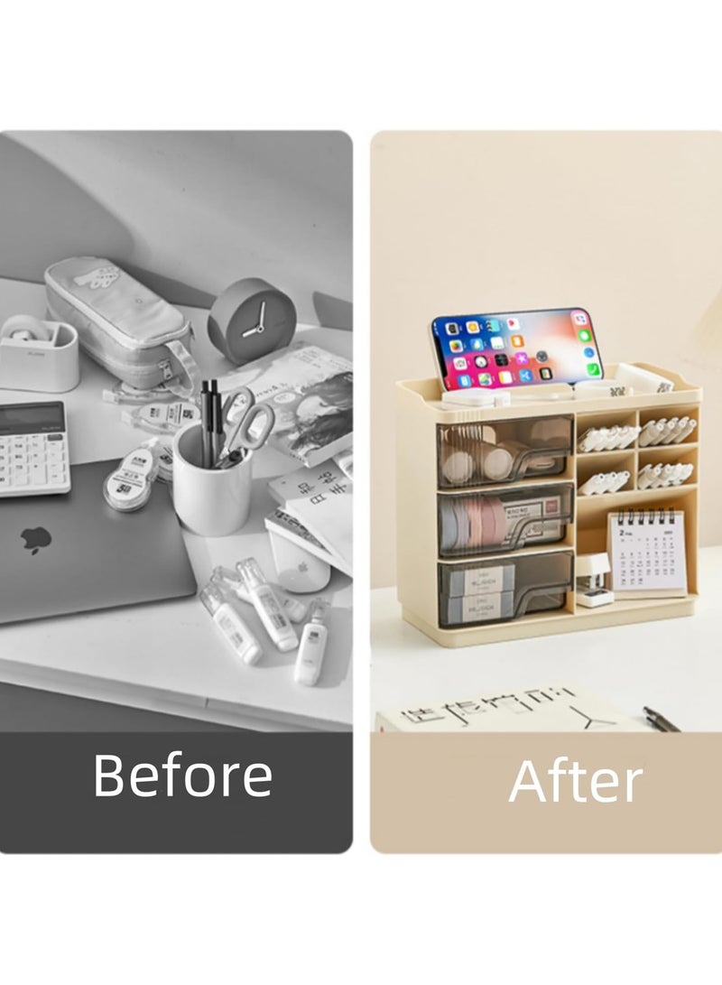 Flushrenic Desk Organizer,Tabletop Makeup Organizer,Art Supply Organizer,Desktop Stationary Organizer Caddy,with Pen Holder,3 Drawers,for School, Home, Office Supplies,Bathroom, Dresser (Cream yellow) - Image 4