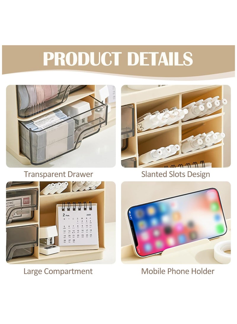 Flushrenic Desk Organizer,Tabletop Makeup Organizer,Art Supply Organizer,Desktop Stationary Organizer Caddy,with Pen Holder,3 Drawers,for School, Home, Office Supplies,Bathroom, Dresser (Cream yellow) - Image 5