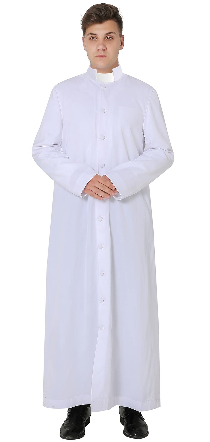 IvyRobes Unisex Adults Roman Pulpit(Clergy) Cassock with Tab Insert Collar White 57(6'0"-6'2") - Image 1