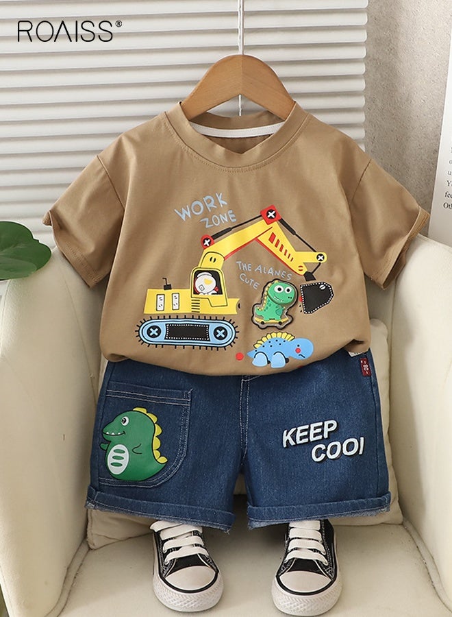 رويس طقم تي شيرت وشورت للصبي الصغير، زي أنيق مكون من قطعتين للأولاد الصغار، زي صيفي مع بلوزة بنقشة ديناصور وشورت بخصر مطاطي، مثالي للارتداء اليومي أو المناسبات المختلفة - Image 2