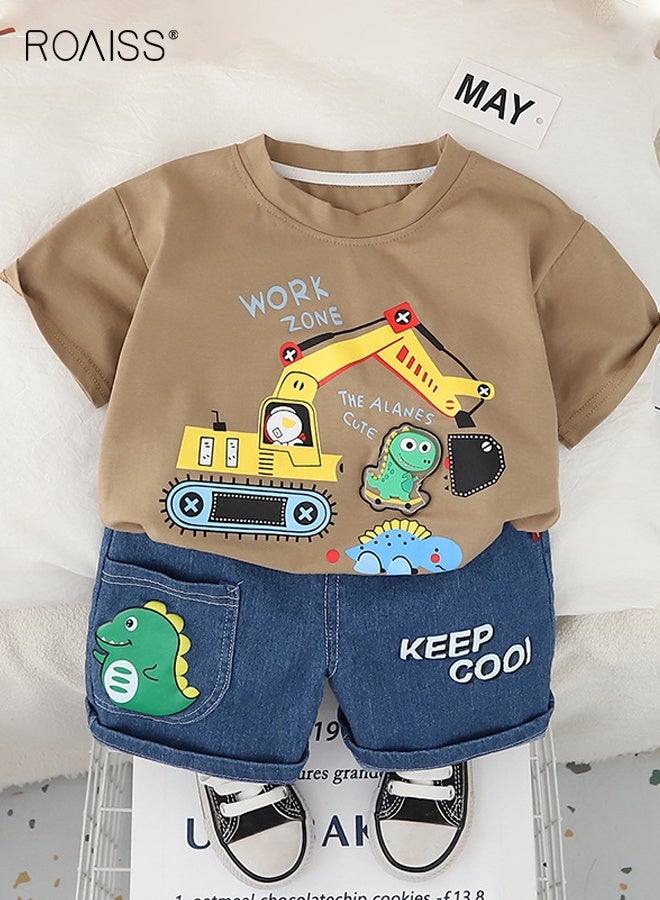 رويس طقم تي شيرت وشورت للصبي الصغير، زي أنيق مكون من قطعتين للأولاد الصغار، زي صيفي مع بلوزة بنقشة ديناصور وشورت بخصر مطاطي، مثالي للارتداء اليومي أو المناسبات المختلفة - Image 1