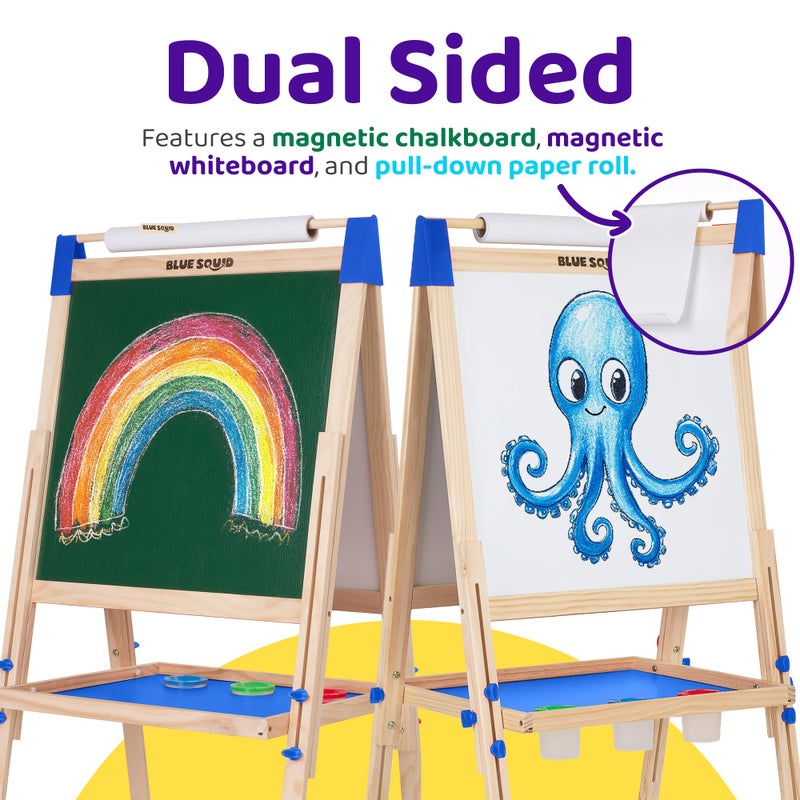 Blue Squid Art Easel for Kids with Paper Roll x 3 Includes 100 Accessories Double Sided Adjustable Wooden Painting Easel with Magnetic Chalk Board White Board for Toddlers Ages 34567891012 - Image 3