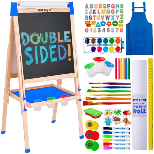 Blue Squid Art Easel for Kids with Paper Roll x 3 Includes 100 Accessories Double Sided Adjustable Wooden Painting Easel with Magnetic Chalk Board White Board for Toddlers Ages 34567891012 - Image 1