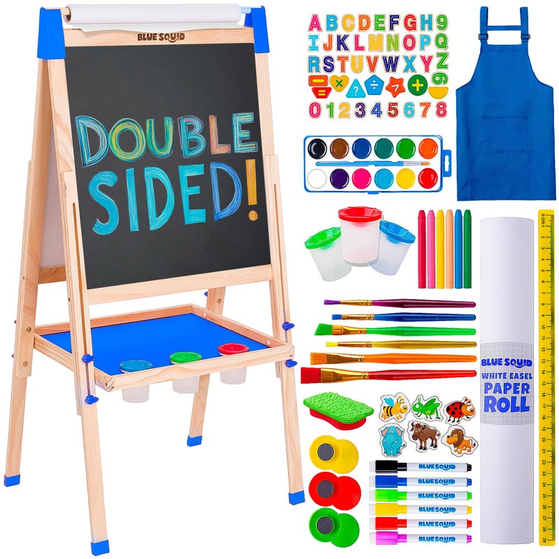 Blue Squid Art Easel for Kids with Paper Roll x 3 Includes 100 Accessories Double Sided Adjustable Wooden Painting Easel with Magnetic Chalk Board White Board for Toddlers Ages 34567891012 - Image 2
