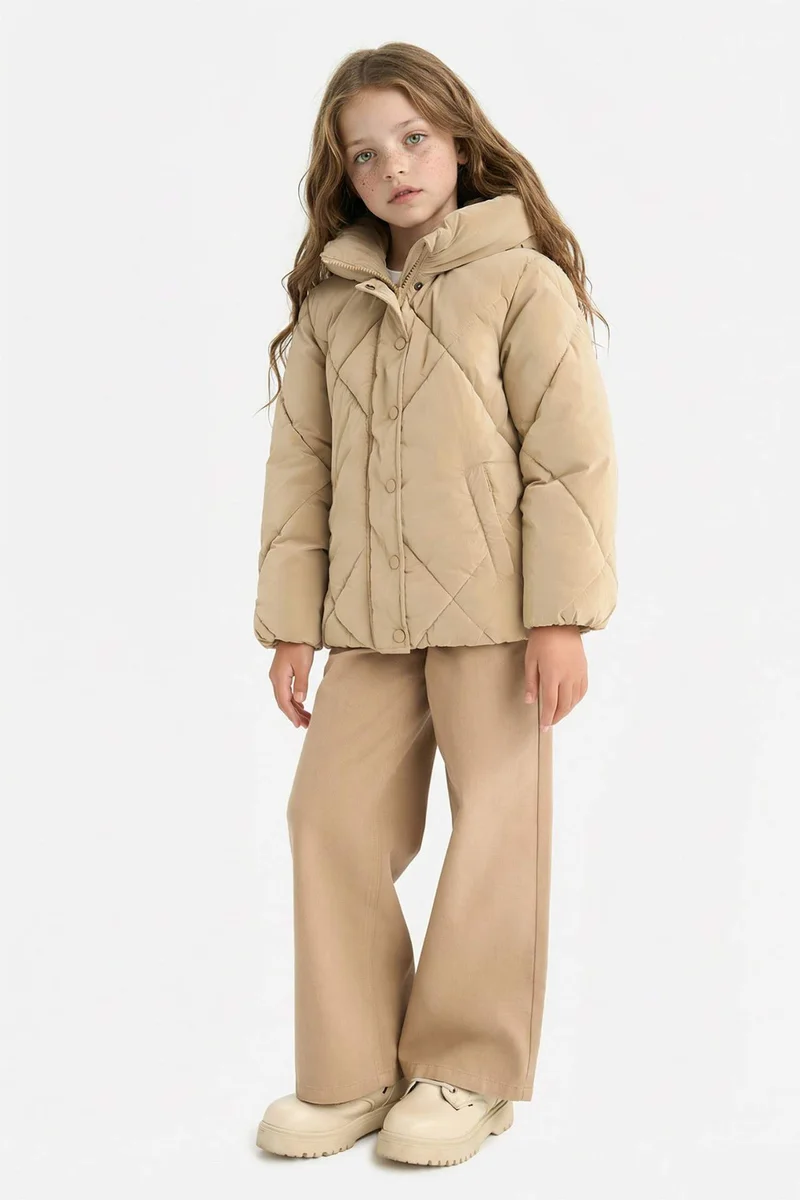ديفاكتو Girl Hooded Zippered Buttons Quilted Jacket