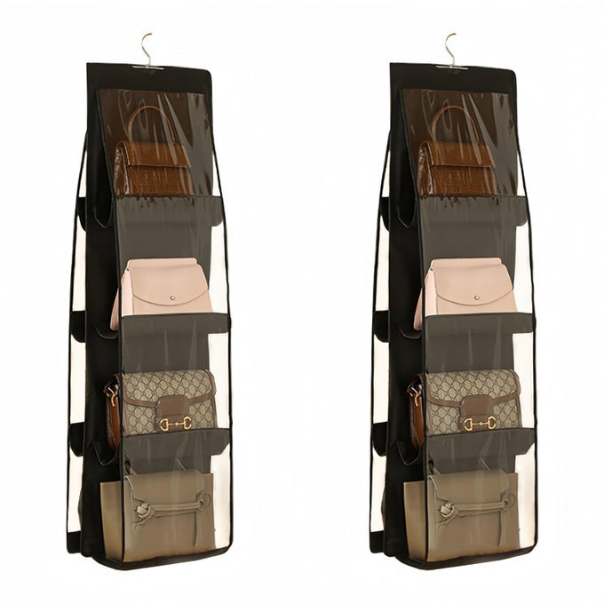 8 POCKETS CLEAR HANDBAG PURSE ORGANIZER HANGING BAG STORAGE SPACE SAVING HANGING SHELF FOR CLOSET WARDROBE OVER DOOR 2 PACK BLACK
