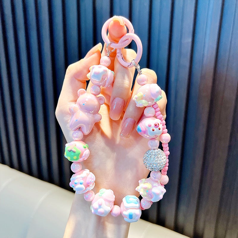 Creative Hand-Painted Bear Beads Mobile Phone Chain Keychain Bag Accessory Couple Gift Keychain Jewelry Fashion Accessories Pink-cute bear beaded bracelet (note: shipped by color, hand-painted beads, doll letters, random)