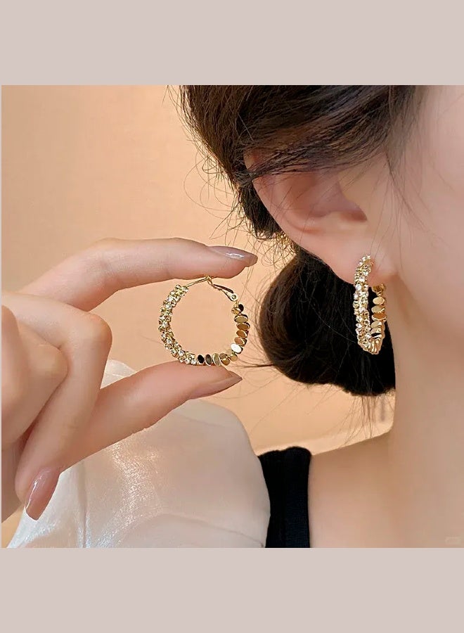 Golden Diamond rotating Shape Unique Hoop Earrings For Women Diamond-Like Shimmer Niche And Luxury High-End Ear Jewelry 925 Silver Needle  - Image 4