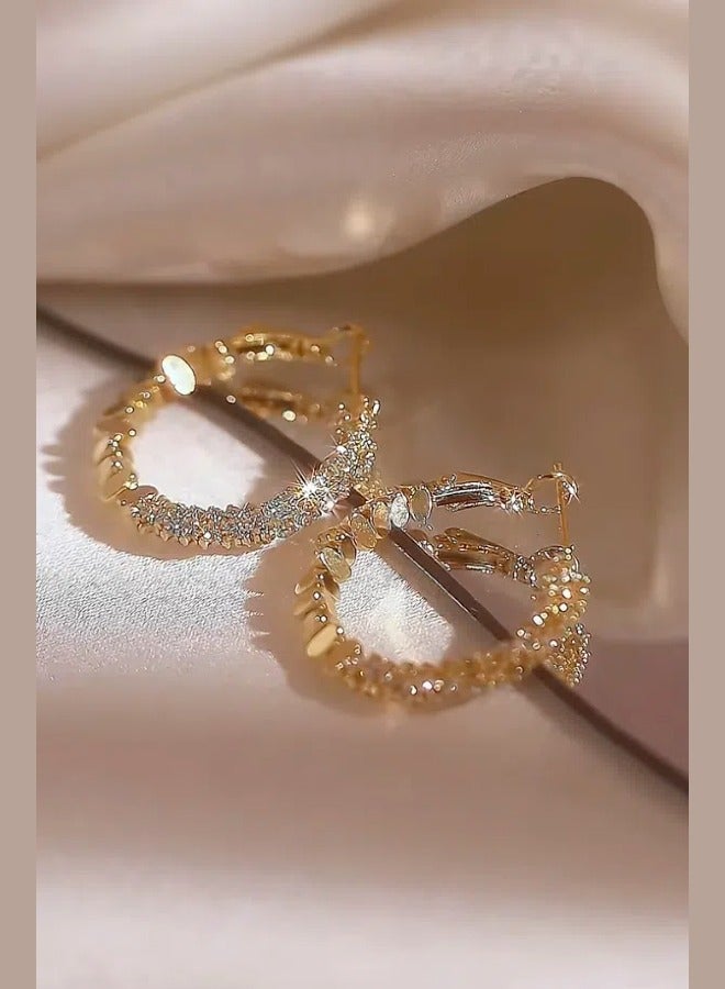 Golden Diamond rotating Shape Unique Hoop Earrings For Women Diamond-Like Shimmer Niche And Luxury High-End Ear Jewelry 925 Silver Needle  - Image 5