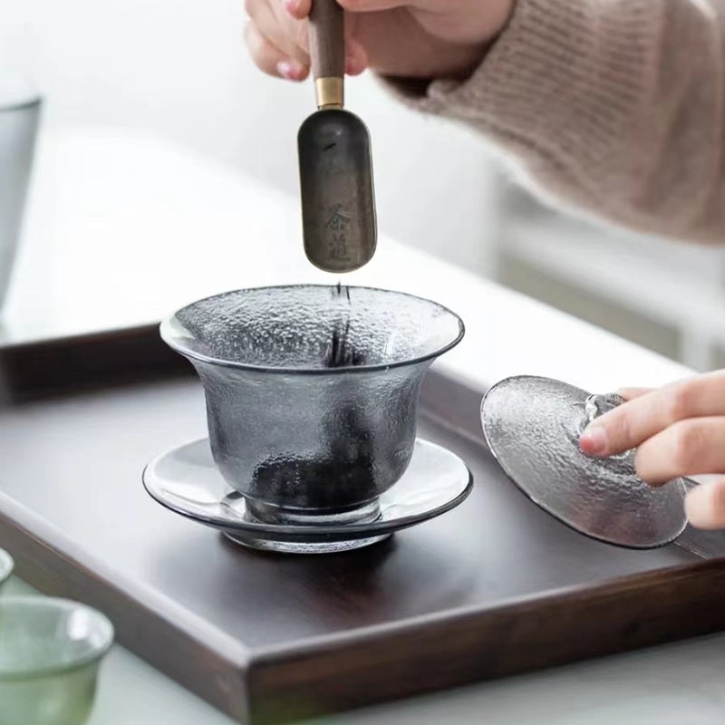 Transparent glass three-piece cover Bowl suit hand painted golden edge glass kung fu tea set tea maker household Master Cup Smoky gray-fine grain cover Bowl 
