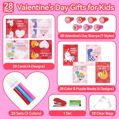 SUNCOLOR 28 Pack Valentines party favors for Kids School Classroom Exchange Complete NonCandy Kit with Cards Activity Books Stamps Markers Goodie Bags - Image 5