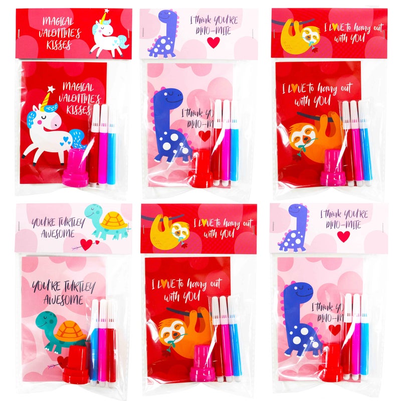 SUNCOLOR 28 Pack Valentines party favors for Kids School Classroom Exchange Complete NonCandy Kit with Cards Activity Books Stamps Markers Goodie Bags - Image 3