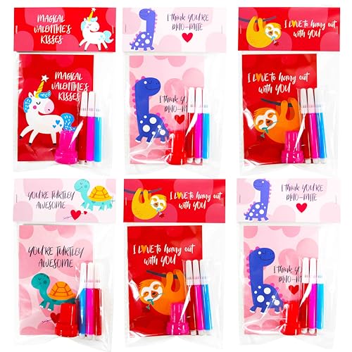 SUNCOLOR 28 Pack Valentines party favors for Kids School Classroom Exchange Complete NonCandy Kit with Cards Activity Books Stamps Markers Goodie Bags - Image 1