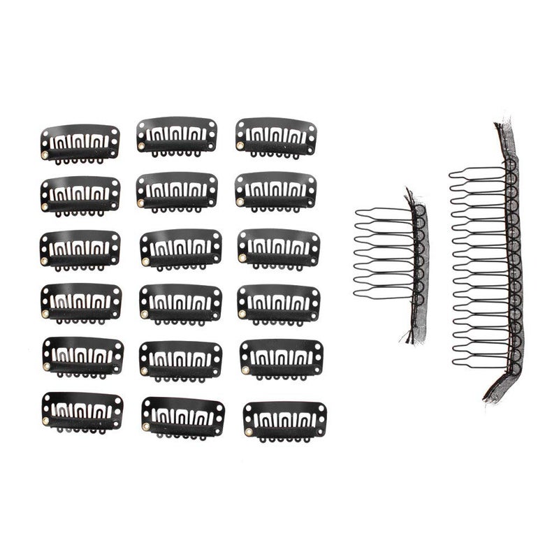 Milano Collection 20PC Value Clips Combs Bundle 18 PC Pack of Medium Size Snap Clipins and 2 Pack of Combs for Hair Extensions and Wigs Black