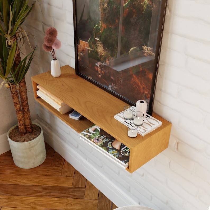 carpentray Tv Wooden Wall Mounted TV Unit, TV Cabinetl, TV Cabinet for Wall, TV Stand Unit for Living Room, Set Top Box Stand -TV Cabinet (Light Brown) - Image 4