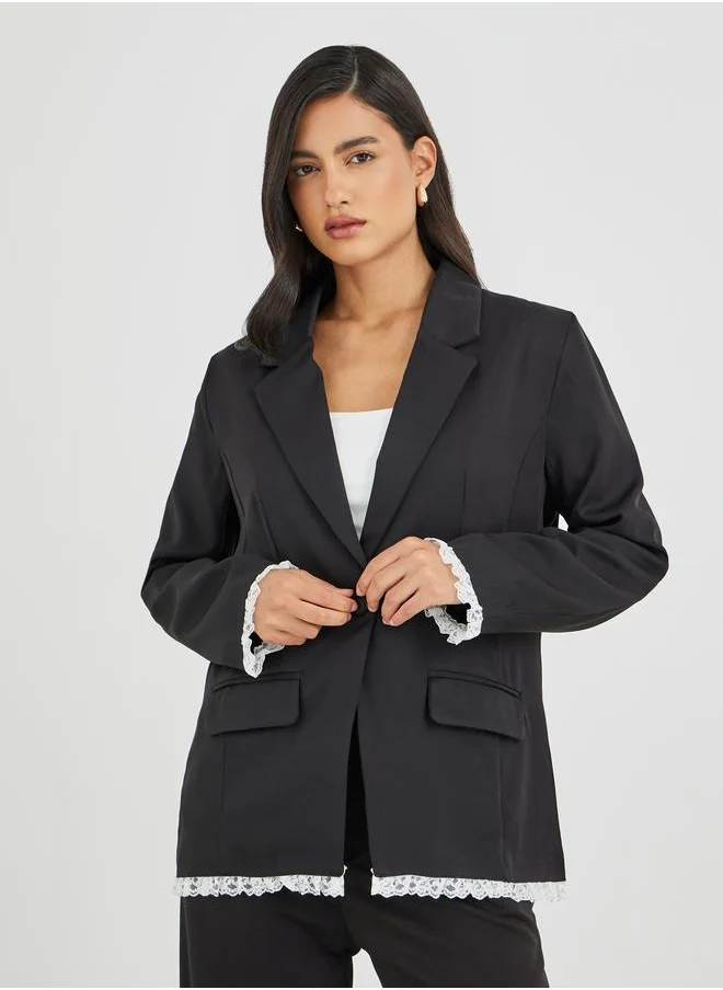 ستايلي Styli Solid Regular Fit Lace Trim Blazer