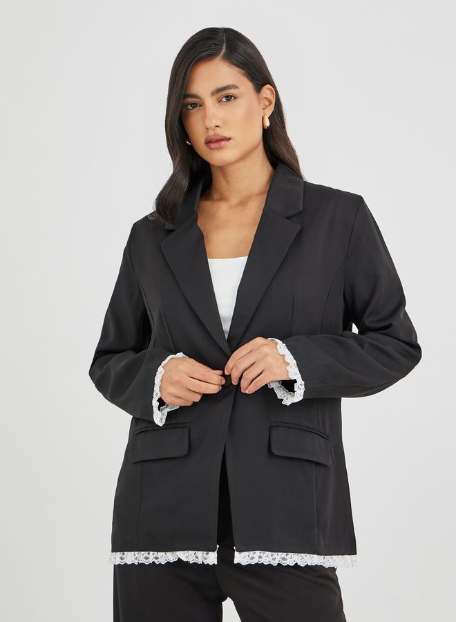 Styli Solid Regular Fit Lace Trim Blazer - Image 1