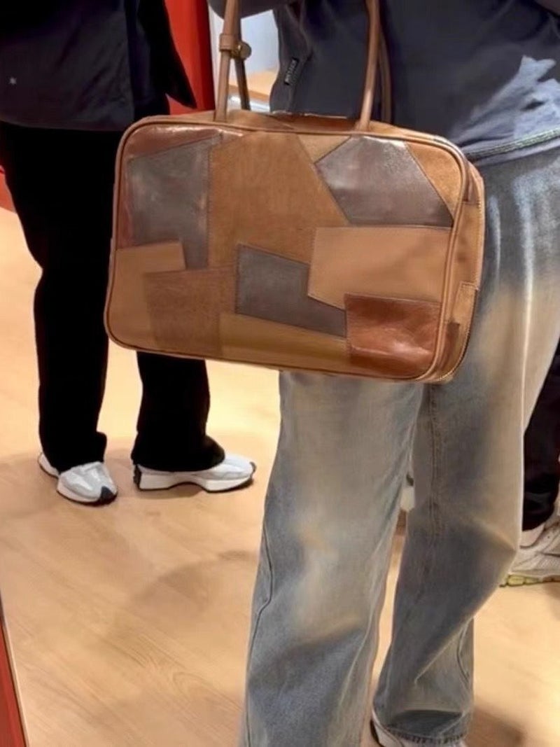24 High Quality Padded Bag Series Boston Bowling Bag Coloring Stitching First Layer Cowhide Briefcase Shoulder Bag - Image 3